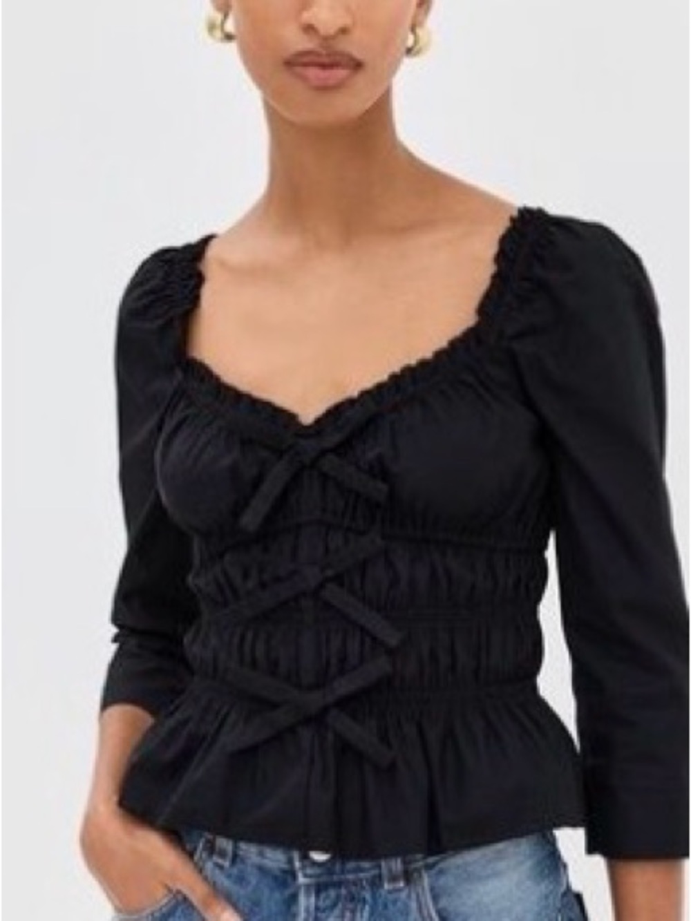 Reformation Black Smocked Peplum Tie-Front Blouse